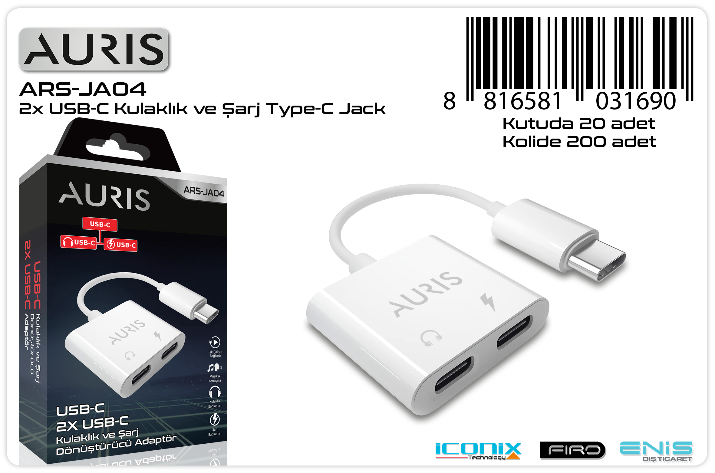 Auris JA04 Type-C Çift Girişli Dönüştürücü – Type-C Kulaklık ve Şarj Desteği
